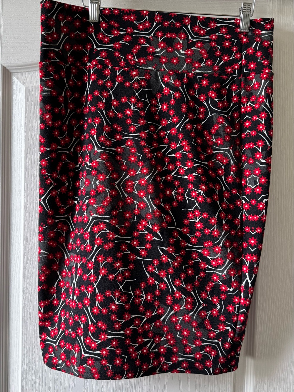 LuLaRoe Black Pencil Skirt with Red Floral Pattern